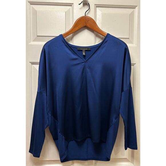 White House Black Market Midnight Blue Woven Knit Back V-Neck Blouse, Size S - Picture 1 of 4
